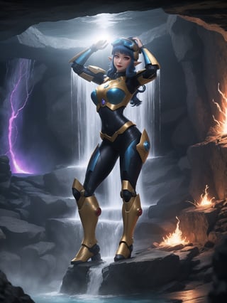 Princess Zelda is wearing a white mecha armor with blue parts and lights attached. The mecha costume is tight on her body, her breasts are gigantic. She is wearing a cyber helmet with a transparent visor. Her hair is blue, curly, short and has bangs in front of her eyes. She is looking directly at the viewer. She is in an alien dungeon inside a cave with a waterfall of glowing lava, many large rock structures, large machines with electricity and blinding light, large pipes with running water and monsters swimming in the waterfall. ((She is striking a sensual pose, leaning on anything or object, resting and leaning against herself over it)). ((full body)), super_metroid, mecha, UHD, best possible quality, ultra detailed, best possible resolution, Unreal Engine 5, professional photography, perfect hand, fingers, hand, perfect, More detail,