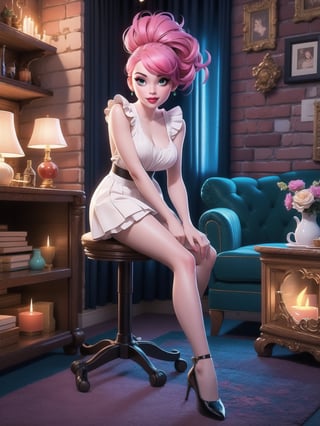 A woman, wearing costume of ((maid)) all black with white parts, white skirt with ruffle, very short hair, pink hair, (mohawk hair), hair with bangs in front of the eyes, (looking at the viewer), (((sensual pose with interaction and leaning on anything + object + on something + leaning against))) in an apartment, with furniture, 1+floor+chair, Plasma TV, refrigerator, table, bed, open window, candles illuminating the place, 16K, UHD, (full body:1.5), unreal engine 5, ultra technological, quality max, max resolution, More detail, ultra-realistic, ultra-detailed, maximum sharpness, perfect_hands, better_hands,