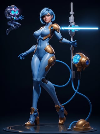 A woman, wearing white wick suit with blue lights, tight body suit with robotic parts, (gigantic breasts), blue hair, very short hair, straight hair, mohawk hair, hair with bangs in front of the eyes, looking at the viewer, in a laboratory, with machines, computers, robots, windows, luminous pipes, ((([posing with interaction and leaning on something|posing with interaction and leaning on an object]))), ((full body):1.5), 16k, UHD, best possible quality, ultra detailed, best possible resolution, Unreal Engine 5, professional photography, well-detailed fingers, well-detailed hand, perfect_hands, perfect, (((super metroid)))