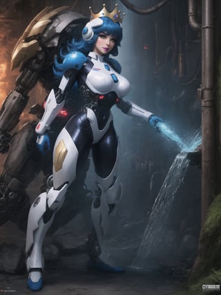 [Princess Peach], has gigantic breasts, wearing mecha suit with blue parts, totally white mecha suit, very tight mecha suit on the body, ((wearing a crown + cybernetic helmet)), short hair, blue hair, mohawk hair, hair with bangs in front of the eyes, she is in a dungeon, with many pipes, large stone structures, machines, monsters, dirty water waterfall, Super Mario Bros, super metroid, 16K, UHD, best possible quality, ultra detailed, best possible resolution, ultra technological, futuristic, robotic, Unreal Engine 5, professional photography, she is ((sensual pose with interaction and leaning on anything + object + on something + leaning against)), perfect anatomy ((full body)), More detail, better_hands.
