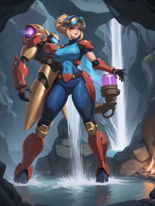 Princess Zelda is wearing a white mecha armor with blue parts and lights attached. The mecha costume is tight on her body, her breasts gigantic. She is wearing a cyber helmet with a transparent visor. Her hair is blue, curly, short and has bangs in front of her eyes. She is looking directly at the viewer. She is in an alien dungeon inside a cave with a waterfall of glowing lava, many large rock structures, large machines with electricity and blinding light, large pipes with running water and monsters swimming in the waterfall, ((She is striking a sensual pose, leaning on anything or object, resting and leaning against herself over it)), ((full body)), mecha, super_metroid, mecha, UHD, best possible quality, ultra detailed, best possible resolution, Unreal Engine 5, professional photography, perfect hand, fingers, hand, perfect, More detail,