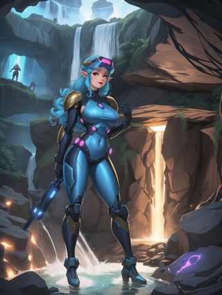 Princess Zelda is wearing a white mecha armor with blue parts and lights attached. The mecha costume is tight on her body, her breasts are gigantic. She is wearing a cyber helmet with a transparent visor. Her hair is blue, curly, short and has bangs in front of her eyes. She is looking directly at the viewer. She is in an alien dungeon inside a cave with a waterfall of glowing lava, many large rock structures, large machines with electricity and blinding light, large pipes with running water and monsters swimming in the waterfall. ((She is striking a sensual pose, leaning on anything or object, resting and leaning against herself over it)). ((full body)), mecha, super_metroid, mecha, UHD, best possible quality, ultra detailed, best possible resolution, Unreal Engine 5, professional photography, perfect hand, fingers, hand, perfect, More detail,