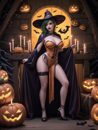 Solo woman, wearing a very long witch costume, with a red cape, gigantic breasts, wearing a witch's hat, mohawk hair, green hair, messy hair, (looking directly at the viewer), she is in an old village having a halloween party, with altars, wooden structures, pumpkins with slaps, candles illuminating the place,  many monster drawing boards, ((halloween)), 16K, UHD, best possible quality, ultra detailed, best possible resolution, Unreal Engine 5, professional photography, she is, ((extroverted pose with interaction and leaning on anything + object + on something + leaning against)) + perfect_thighs, perfect_legs, perfect_feet, better_hands, ((full body)), More detail,