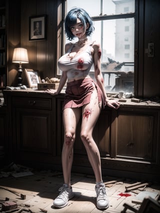 A zombie woman, wearing ((white sleeveless T-shirt, short red skirt, all dirty+torn clothes, gigantic breasts, extremely white skin, sneakers, blood all over clothes)), short hair, blue hair, curly hair, messy hair, hair with bangs in front of her eyes, (((looking at the viewer, sensual pose with interaction and leaning on anything+object+on something+leaning against+leaning against))) in an old house all destroyed, with old furniture, large structures, lamps illuminating the place, many dead vibos transiting, ((full body):1.5); 16K, UHD, unreal engine 5, quality max, max resolution, ultra-realistic, ultra-detailed, maximum sharpness, ((perfect_hands):1), Goodhands-beta2, ((a zombie woman+many wounds and bones appearing))