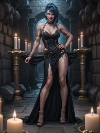 A woman, has gigantic breasts, wearing long black dress with golden bands, tight dress on the body, looking directly at the viewer, short hair, blue hair, mohawk hair, hair with bangs in front of her eyes, she is in an ancient tomb, all dirty, with large stone structures, altars, candles illuminating the place, very dark place, coffins, 16K, UHD, best possible quality, ultra detailed, best possible resolution, ultra technological, futuristic, robotic, Unreal Engine 5, professional photography, she is, ((sensual pose with interaction and leaning on anything + object + on something + leaning against)), perfect anatomy, ((full body)), better_hands. More detail