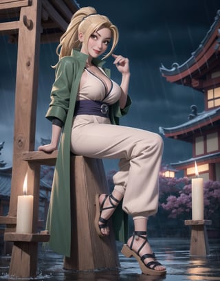 Masterpiece in UHD resolution, sharp details. Style inspired by ((Naruto Shippuden)), a fusion of anime and realism. | ((Tsunade)), a 30-year-old woman, looks stunning in a ninja temple at night, under heavy rain. Wearing a tight green coat, a collarless white shirt, dark blue trousers, and black leather sandals, her attire stands out, shaping her body perfectly. ((Gigantic_breasts)) are notable but do not overshadow her sincere gaze and the broad smile she offers to the viewer. Her long blonde hair, with an impressive frontal fringe, is tied in a ponytail. Tsunade stands in an open area of the temple, surrounded by structures of black marble, altars with ninja inscriptions, imposing pillars, and a statue of an ancient Hokage. Candles on the walls and wooden structures complete the scene, creating an authentic ninja atmosphere. | The scene is captured at a medium angle, enhancing Tsunade's elegant posture as she stares directly at the viewer, conveying confidence and determination. The intense rain adds dynamism to the image, with water droplets running down Tsunade's face and splashing on the ground. The lighting is softened by the candles, highlighting the details of the tight outfit and the woman's radiant expression. | Impressive scene of Tsunade, a 30-year-old woman, in a ninja temple during the rainy night of Naruto Shippuden. | {The camera is positioned very close to her, revealing her entire body as she adopts a (sensual_pose), interacting with and leaning on a structure in the scene in an exciting way} | ((perfect_pose)), She is adopting a ((sensual_pose as interacts, boldly leaning on a structure, leaning back in an exciting way):1.3), ((full body)), (perfect_fingers:1.0), (perfect_legs:1.0), More_Detail, realhands