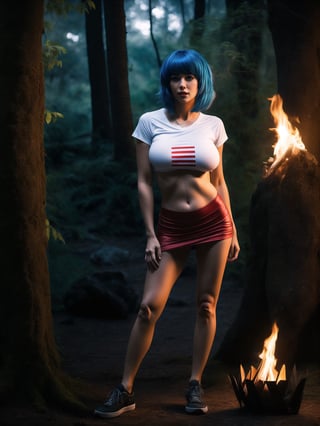 A woman, wearing a white T-shirt, black short skirt, white sneakers with red stripes, tight and short clothes, gigantic breasts, blue hair, short hair, hair with bangs in front of her eyes, ((looking at the viewer)), (((sensual pose+Interacting+leaning on anything+object+leaning against))) in a rainforest at night with many structures, large stones, a campsite with a campfire,  tent, tree trunks, 16K, UHD, unreal engine 5, quality max, max resolution, ultra-realistic, ultra-detailed, maximum sharpness, ((perfect_hands)), ((perfect_legs)), Goodhands-beta2, zelda tears of the kingdom, (full body:1)