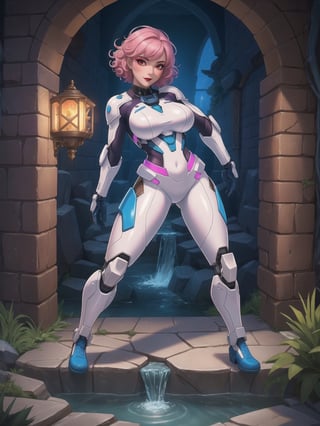 A woman, she is wearing an all-white cybernetic suit, a cybernetic suit with blue parts, a very tight cybernetic suit on her body, she has gigantic breasts, very short hair, pink hair, curly hair, hair with bangs in front of her eyes, she is looking directly at the viewer, she is in a dungeon, with large stone structures, many technological machines, many luminous pipes with running water, altars, figurines, warcraft, ((full body)),  UHD, best possible quality, ultra detailed, best possible resolution, ultra technological, Unreal Engine 5, professional photography, ((she is doing sensual pose with interaction and leaning on anything))+ ((object+on something+leaning against)), perfect, More detail,