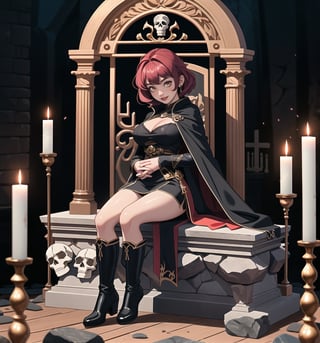 An ultra-detailed 16K masterpiece with fantasy and adventure stylings, rendered in ultra-high resolution with impressive graphic detail. Darla, a 23-year-old young woman, is wearing an executioner's outfit consisting of a black suit, a black cape, black boots and black gloves. Her short pink hair is styled in a Mohican cut, with gradient effects. She has golden eyes, looking at the viewer while smiling, showing her teeth and wearing red lipstick. She is located inside an ancient castle, destroyed, old, filthy, with rock structures, wooden structures, ancient structures, tombstones, skulls and skeletons. The atmosphere is mysterious and tense, with melted wax candles, a stone sarcophagus and bones scattered across the floor. The image emphasises the imposing figure of Darla and the architectural elements of the castle. The rocky, wooden and ancient structures, together with the skulls and skeletons, create a spooky and mysterious atmosphere. The melted wax candles and stone sarcophagus add a gothic touch to the scene. Soft, sombre lighting effects create a tense, mysterious atmosphere, while rough, detailed textures on the structures and costume add realism to the image. | A tense and mysterious scene of a young woman dressed as an executioner in an old, destroyed castle, fusing elements of fantasy and adventure. (((The image reveals a full-body shot as Darla assumes a sensual pose, engagingly leaning against a structure within the scene in an exciting manner. She takes on a sensual pose as she interacts, boldly leaning on a structure, leaning back and boldly throwing herself onto the structure, reclining back in an exhilarating way.)). | ((((full-body shot)))), ((perfect pose)), ((perfect arms):1.2), ((perfect limbs, perfect fingers, better hands, perfect hands, hands)), ((perfect legs, perfect feet):1.2), ((perfect design)), ((perfect composition)), ((very detailed scene, very detailed background, perfect layout, correct imperfections)), Enhance, Ultra details++, More Detail, poakl