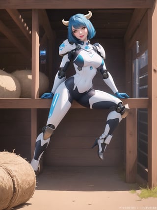 ((A cow woman)), has gigantic breasts, wearing mecha+robotic armor with small blue areas, all white suit, very tight, short hair, blue hair, hair with bangs in front of her eyes, she is in a stable, with large wooden structures, hay bales, machines, warcraft, 16K, UHD, best possible quality, ultra detailed, best possible resolution, ultra technological, futuristic, robotic, Unreal Engine 5, professional photography. She is in a ((sensual pose with interaction and leaning on anything + object + on something + leaning against)) + perfect_thighs, perfect_legs, perfect_feet and ((full body)). More detail and better hands.