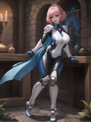 A woman, she is wearing an all-white cybernetic suit, a cybernetic suit with blue parts, a very tight cybernetic suit on her body, she has gigantic breasts, very short hair, pink hair, curly hair, hair with bangs in front of her eyes, she is looking directly at the viewer, she is in a dungeon, with large stone structures, many technological machines, many luminous pipes with running water, altars, figurines, warcraft, ((full body)), UHD, best possible quality, ultra detailed, best possible resolution, ultra technological, Unreal Engine 5, professional photography, she is doing (sensual pose with interaction and leaning on anything) + (object + on something + leaning against), perfect. More detail.