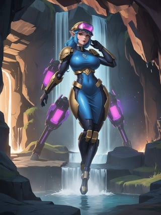 Princess Zelda is wearing a white mecha armor with blue parts and lights attached. The mecha costume is tight on her body, her breasts gigantic. She is wearing a cyber helmet with a transparent visor. Her hair is blue, curly, short and has bangs in front of her eyes. She is looking directly at the viewer. She is in an alien dungeon inside a cave with a waterfall of glowing lava, many large rock structures, large machines with electricity and blinding light, large pipes with running water and monsters swimming in the waterfall, ((She is striking a sensual pose, leaning on anything or object, resting and leaning against herself over it)), ((full body)), mecha, super_metroid, mecha, UHD, best possible quality, ultra detailed, best possible resolution, Unreal Engine 5, professional photography, perfect hand, fingers, hand, perfect, More detail,