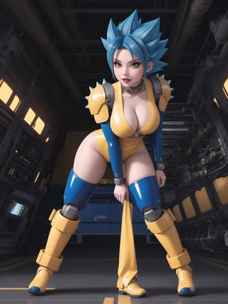 ((A kawaii woman)), wearing cybernetic suit + robotic armor + all-white latex suit, with blue and yellow parts, gigantic breasts, ((only she has super saiyan blue hair)), spiky hair, hair with bangs in front of the eyes, (looking directly at the viewer), she is on an airplane, machines, computers, people with different ethnicities, 16K, UHD, best possible quality,  ultra detailed, best possible resolution, Unreal Engine 5, professional photography,, she is, ((sensual pose with interaction and leaning on anything + object + on something + leaning against)) + perfect_thighs, perfect_legs, perfect_feet, better_hands, ((full body)), More detail,