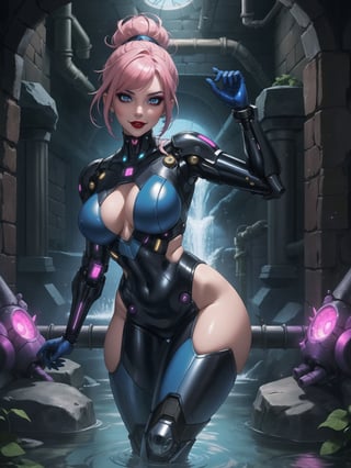 A woman wearing a white, form-fitting cybernetic suit with blue accents, highlighting her voluptuous figure. Her pink hair is short and styled with a fringe, framing her face. She stands in a dark dungeon, surrounded by stone structures, high-tech machinery, and glowing pipes with flowing water. Her piercing gaze meets the viewer's, and she is posed seductively, leaning against an object within the scene