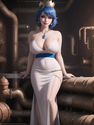 Princess Peach, has gigantic breasts, wearing long all white dress with pink sashes, tight dress on the body, looking directly at the viewer, ((wearing a crown)), short hair, blue hair, mohawk hair, hair with bangs in front of her eyes, she is in a house all made of colored pipes, with furniture made of pipes, large pipes with running water, Super Mario Bros, 16K, UHD, best possible quality, ultra detailed, best possible resolution, ultra technological, futuristic, robotic, Unreal Engine 5, professional photography, she is, ((sensual pose with interaction and leaning on anything + object + on something + leaning against)), perfect anatomy, ((full body)), better_hands, More detail,