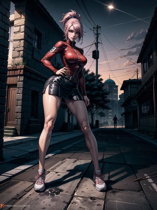 A woman, red shirt without collar and sleeves, very short black skirt, white sneakers, gigantic breasts, wearing cap, pink hair, extremely short hair, rebellious hair, hair with ponytail, hair with bangs in front of the eye, looking at the viewer, (((sensual pose+Interacting+leaning on anything+object+leaning against))), in a small square at night with many structures, banks, trees, lots of people walking, ((full body):1.5), 16K, UHD, unreal engine 5, quality max, max resolution, ultra-realistic, ultra-detailed, maximum sharpness, ((perfect_hands):1), Goodhands-beta2