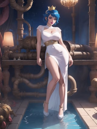 Princess Peach, has gigantic breasts, wearing long all white dress with pink sashes, tight dress on the body, looking directly at the viewer, ((wearing a crown)), short hair, blue hair, mohawk hair, hair with bangs in front of her eyes, she is in a house all made of colored pipes, with furniture made of pipes, large pipes with running water, Super Mario Bros, 16K, UHD, best possible quality, ultra detailed, best possible resolution, ultra technological, futuristic, robotic, Unreal Engine 5, professional photography, she is, ((sensual pose with interaction and leaning on anything + object + on something + leaning against)), perfect anatomy, ((full body)), better_hands, More detail,