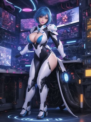 A woman, wearing mecha costume with parts in blue, all white costume, costume with cybernetic armor, costume with lights attached, gigantic breasts, costume covering the whole body, costume very tight on the body, synthetic costume, very short hair, blue hair, mohawk hair, hair with bangs in front of eyes, she is in a giant robot in the control room, with machines, equipment, large gears, computers, luminous pipes, electricity running, UHD, best possible quality, ultra detailed, best possible resolution, ultra technological, futuristic, robotic, Unreal Engine 5, professional photography, ((she is doing sensual pose with interaction and leaning on anything + object + on something + leaning against)), ((full body)), better_hands, More detail,