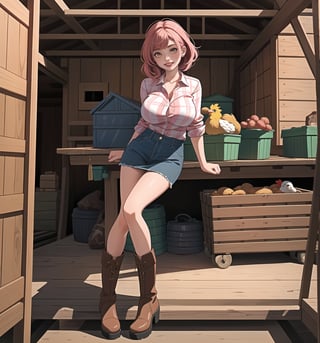 An ultra-detailed 16K masterpiece with Country and Rural styles, rendered in ultra-high resolution with extraordinary detail. | Darla, a young 23-year-old woman, is dressed in a farmer's outfit, consisting of a red and white plaid shirt, denim skirt and brown leather boots. Her pink hair is short and disheveled, with a modern and stylish cut. ((Her golden eyes are looking at the viewer, smiling and showing her teeth, with red lipstick on her lips)). She is in a shed on a farm, with wooden structures, concrete structures, crates, machines and tires around her. A tractor, a barn and a chicken coop adorn the scene. | The image highlights Darla's imposing figure and the rural elements of the shed. The wooden structures, concrete structures, crates, machines and tires, together with the tractor, barn and chicken coop, create a rural and welcoming environment. The shadows created by the warehouse lights highlight the details of the scene and create a mysterious atmosphere. | Soft, warm lighting effects create a welcoming, rural atmosphere, while detailed textures on skin, clothing, and structures add realism to the image. | Darla, a farmer in a shed, exploring themes of country, rurality and simplicity. | (((The image reveals a full-body shot as Darla assumes a sensual pose, engagingly leaning against a structure within the scene in an exciting manner. She takes on a sensual pose as she interacts, boldly leaning on a structure, leaning back and boldly throwing herself onto the structure, reclining back in an exhilarating way.))). | ((((full-body shot)))), ((perfect pose)), ((perfect arms):1.2), ((perfect limbs, perfect fingers, better hands, perfect hands, hands)), ((perfect legs, perfect feet):1.2), ((huge breasts))++, ((perfect design)), ((perfect composition)), ((very detailed scene, very detailed background, perfect layout, correct imperfections)), Enhance, Ultra details++, More Detail, poakl