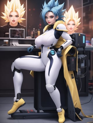 ((A kawaii woman)), wearing cybernetic suit + robotic armor + all-white latex suit, with blue and yellow parts, gigantic breasts, ((only she has super saiyan blue hair)), spiky hair, hair with bangs in front of the eyes, (looking directly at the viewer), she is on an airplane, machines, computers, people with different ethnicities, 16K, UHD, best possible quality,  ultra detailed, best possible resolution, Unreal Engine 5, professional photography,, she is, ((sensual pose with interaction and leaning on anything + object + on something + leaning against)) + perfect_thighs, perfect_legs, perfect_feet, better_hands, ((full body)), More detail,