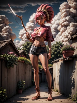 ((full body, standing):1.5), {((1 woman))}, {(((wearing brown leather indian clothes, extremely tight and short in the body, short leather shorts and short velvet))), ((big breasts):1.5), ((short pink hair, mohawk, sparkling blue eyes, wearing small feathered headdress)), ((looking at viewer, maniacal smile, making erotic pose, holding a bow and arrow)) , ((in an indigenous village, cloudy sky, it's daytime, plants and flowers, Indians of different ethnicities))}, 16k, ultra quality, ultra detailed, maximum resolution, best sharpness