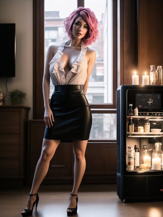 A woman, wearing costume of ((maid)) all black with white parts, white skirt with ruffle, very short hair, pink hair, (mohawk hair), hair with bangs in front of the eyes, (looking at the viewer), (((sensual pose with interaction and leaning on anything + object + on something + leaning against))) in an apartment, with furniture, 1+floor+chair, Plasma TV, refrigerator, table, bed, open window, candles illuminating the place, 16K, UHD, (full body:1.5), unreal engine 5, ultra technological, quality max, max resolution, More detail, ultra-realistic, ultra-detailed, maximum sharpness, perfect_hands, better_hands,