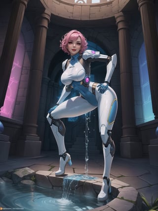 A woman, she is wearing an all-white cybernetic suit, a cybernetic suit with blue parts, a very tight cybernetic suit on her body, she has gigantic breasts, very short hair, pink hair, curly hair, hair with bangs in front of her eyes, she is looking directly at the viewer, she is in a dungeon, with large stone structures, many technological machines, many luminous pipes with running water, altars, figurines, warcraft, ((full body)), UHD, best possible quality, ultra detailed, best possible resolution, ultra technological, Unreal Engine 5, professional photography, she is doing (sensual pose with interaction and leaning on anything) + (object + on something + leaning against), perfect. More detail.

