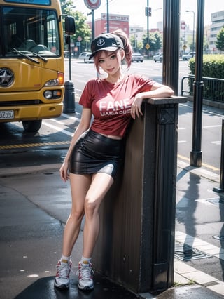 A woman, red T-shirt without collar and sleeves, very short black skirt, white sneakers, gigantic breasts, wearing cap, pink hair, extremely short hair, rebellious hair, hair with ponytail, hair with bangs in front of the eye, looking at the viewer, (((sensual pose+Interacting+leaning on anything+object+leaning against))), at a bus stop with benches,  structures, people queuing, ((full body):1.5), 16K, UHD, unreal engine 5, quality max, max resolution, ultra-realistic, ultra-detailed, maximum sharpness, ((perfect_hands):1), Goodhands-beta2