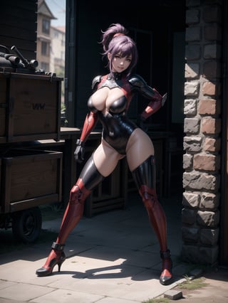 A woman, wearing white cybernetic armor with tight and tight red areas, gigantic breasts, wearing helmet with visor, purple hair, extremely short hair, rebellious hair, hair with ponytail, hair with bangs in front of the eye, looking at the viewer, (((sensual pose+Interacting+leaning on anything+object+leaning against))), on a battlefield with machines, stone structures, military vehicles, fire everywhere, ((full body):1.5), 16K, UHD, unreal engine 5, quality max, max resolution, ultra-realistic, ultra-detailed, maximum sharpness, ((perfect_hands):1), Goodhands-beta2, ((technological))