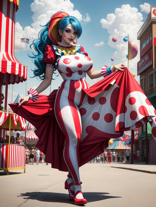 A woman, wearing a circus clown costume in a red suit, white T-shirt with blue polka dots, long red pants, red circus clown shoes, tight and tight clothing on the body, ((gigantic breasts)), blue hair, hair with ponytail, hair straight, hair with bangs in front of the eyes, looking at the viewer, (((pose with interaction and leaning on [something|an object]))), in an amusement park with many food cars, tables, toys, is in the afternoon, beautiful clouds in the sky, ((full body):1.5), 16k, UHD, best possible quality, ultra detailed, best possible resolution, Unreal Engine 5, professional photography, (perfect:0.5), ((well-detailed fingers):0.5), ((well-detailed hand):0.5), ((perfect hands):0.5), ((circus clown))