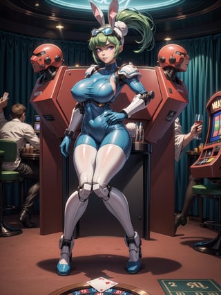 A woman, wearing mecha bunny costume+mecha armor+bionic armor, blue costume with blank parts, gigantic breasts, helmet with glass visor, green hair, extremely short hair, unruly hair, hair with ponytail, hair with bangs in front of the eye, looking at the viewer, (((sensual pose+Interacting+leaning on anything+object+leaning against))) in a casino, with lots of slot machines, card tables, betting roulette wheels, lots of people walking in the casino, casino full of people, people with different ethnicities, ((full body):1.5), 16K, UHD, unreal engine 5, quality max, max resolution, ultra-realistic, ultra-detailed, maximum sharpness, ((perfect_hands ):1), Goodhands-beta2, [megaman, super metroid], ((mecha bunny costume+blue costume with white parts))