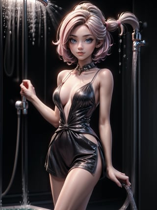 {((1woman))}, only she is {((wearing black maid attire, extremely short and tight white shorts on the body)), only elá has ((giant breasts)), ((very slick pink short hair, blue eyes)), ((staring at the viewer, smiling)), ((pose, in a shower, with water falling on top of the body, leaving the clothing all transparent))}, ((full body):1.5), 16k, best quality, best resolution, best sharpness,