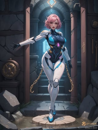A woman, she is wearing an all-white cybernetic suit, a cybernetic suit with blue parts, a very tight cybernetic suit on her body, she has gigantic breasts, very short hair, pink hair, curly hair, hair with bangs in front of her eyes, she is looking directly at the viewer, she is in a dungeon, with large stone structures, many technological machines, many luminous pipes with running water, altars, figurines, warcraft, ((full body)),  UHD, best possible quality, ultra detailed, best possible resolution, ultra technological, Unreal Engine 5, professional photography, ((she is doing sensual pose, with interaction and leaning on anything, structures+object+on something+leaning against)), perfect, More detail,