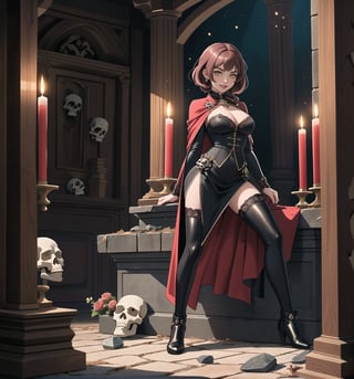 An ultra-detailed 16K masterpiece with fantasy and adventure stylings, rendered in ultra-high resolution with impressive graphic detail. Darla, a 23-year-old young woman, is wearing an executioner's outfit consisting of a black suit, a black cape, black boots and black gloves. Her short pink hair is styled in a Mohican cut, with gradient effects. She has golden eyes, looking at the viewer while smiling, showing her teeth and wearing red lipstick. She is located inside an ancient castle, destroyed, old, filthy, with rock structures, wooden structures, ancient structures, tombstones, skulls and skeletons. The atmosphere is mysterious and tense, with melted wax candles, a stone sarcophagus and bones scattered across the floor. The image emphasises the imposing figure of Darla and the architectural elements of the castle. The rocky, wooden and ancient structures, together with the skulls and skeletons, create a spooky and mysterious atmosphere. The melted wax candles and stone sarcophagus add a gothic touch to the scene. Soft, sombre lighting effects create a tense, mysterious atmosphere, while rough, detailed textures on the structures and costume add realism to the image. | A tense and mysterious scene of a young woman dressed as an executioner in an old, destroyed castle, fusing elements of fantasy and adventure. (((The image reveals a full-body shot as Darla assumes a sensual pose, engagingly leaning against a structure within the scene in an exciting manner. She takes on a sensual pose as she interacts, boldly leaning on a structure, leaning back and boldly throwing herself onto the structure, reclining back in an exhilarating way.)). | ((((full-body shot)))), ((perfect pose)), ((perfect arms):1.2), ((perfect limbs, perfect fingers, better hands, perfect hands, hands)), ((perfect legs, perfect feet):1.2), ((perfect design)), ((perfect composition)), ((very detailed scene, very detailed background, perfect layout, correct imperfections)), Enhance, Ultra details++, More Detail, poakl