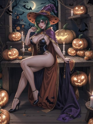 ((Solo woman)), wearing a very long witch costume, with a red cape, gigantic breasts, wearing a witch's hat, mohawk hair, green hair, messy hair, (looking directly at the viewer), she is in an old village having a halloween party, with altars, wooden structures, pumpkins with slaps, candles illuminating the place,  many monster drawing boards, ((halloween)), 16K, UHD, best possible quality, ultra detailed, best possible resolution, Unreal Engine 5, professional photography, she is, ((sensual pose with interaction and leaning on anything + object + on something + leaning against)) + perfect_thighs, perfect_legs, perfect_feet, better_hands, ((full body)), More detail,