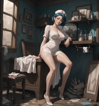 Image in a macabre style fused with elements of realism, rendered in ultra-high resolution with graphic details. | A young 20-year-old woman with short blue hair styled to the side, is positioned in an old and destroyed macabre hospital. She wears a nurse's outfit consisting of a white blouse, a white skirt with lace, white stockings, and low-cut white shoes. She also wears accessories such as a pearl necklace, a heart-shaped pendant, a silver bracelet, and a ring with a pink stone. The colors and materials are faithful to the hospital environment, with shades of white, blue, and metal. She has red eyes that gleam intensely as she looks with determination and curled lips, (((smiling))), showing her teeth, staring directly at the viewer. The facial expression is intense and challenging, and the voice tone is strong and confident. | The image highlights the imposing figure of the young woman and the architectural elements of the hospital. The wooden structures, such as beds with torn mattresses, cabinets with broken shelves, and chairs with broken legs, along with the metal structures, such as carts with rusted wheels, lamps with broken bulbs, and tables with drawers without bottoms, create a scary and desolate environment. The bathroom with a toilet, sink, and shower, wooden shelf with jars and bottles, and wooden table with books and papers, add details to the scene. The dirty and cracked walls, the ruined ceiling, and the floor full of debris, reinforce the atmosphere of fear and desolation. | Soft and dark lighting effects create a tense and desire-filled atmosphere, while detailed textures on the skin, outfit, and structures add realism to the image. | A daring and provocative scene of a young woman dressed as a nurse in an old and destroyed macabre hospital, exploring themes of desire, fear, and desolation. | (((((The image reveals a full-body_shot as she assumes a sensual_pose, leaning against a structure within the scene in an engaging and exciting manner. She assumes a sensual_pose as she interacts, boldly leaning on a structure and leaning back in an exciting manner.))))). | ((perfect_body)), ((perfect_pose)), ((full-body_shot)), ((perfect_fingers, better_hands, perfect_hands)), ((perfect_legs, perfect_feet)), ((perfect_design)), ((perfect_composition)), ((very detailed scene, very detailed background, perfect_layout, correct_imperfections)), More Detail, Enhance