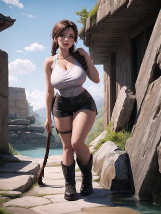 A woman archaeologist is wearing a white collarless and sleeveless T-shirt, dark brown shorts and black leather boots. The outfit is very tight on the body and her breasts are gigantic. Her hair is brown, shoulder-length, braided, with a very large fringe covering her right eye. She is looking directly at the viewer. The woman is in an ancient inca temple on top of the mountains, with many ancient structures, altars, figurines and gigantic statues of ancient gods. There is a lagoon with running water and many rock structures around, ((a woman is striking a sensual pose, interacting and leaning on any available object/structure in the scene)), maximum sharpness, UHD, 16K, anime style, best possible quality, ultra detailed, best possible resolution, (full body:1.5), Unreal Engine 5, professional photography, perfect_thighs, perfect_legs, perfect_feet, perfect hand, fingers, hand, perfect, better_hands, (Tomb Raider), Add more detail,Add more detail