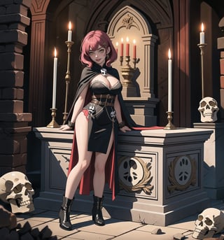 An ultra-detailed 16K masterpiece with fantasy and adventure stylings, rendered in ultra-high resolution with impressive graphic detail. Darla, a 23-year-old young woman, is wearing an executioner's outfit consisting of a black suit, a black cape, black boots and black gloves. Her short pink hair is styled in a Mohican cut, with gradient effects. She has golden eyes, looking at the viewer while smiling, showing her teeth and wearing red lipstick. She is located inside an ancient castle, destroyed, old, filthy, with rock structures, wooden structures, ancient structures, tombstones, skulls and skeletons. The atmosphere is mysterious and tense, with melted wax candles, a stone sarcophagus and bones scattered across the floor. The image emphasises the imposing figure of Darla and the architectural elements of the castle. The rocky, wooden and ancient structures, together with the skulls and skeletons, create a spooky and mysterious atmosphere. The melted wax candles and stone sarcophagus add a gothic touch to the scene. Soft, sombre lighting effects create a tense, mysterious atmosphere, while rough, detailed textures on the structures and costume add realism to the image. | A tense and mysterious scene of a young woman dressed as an executioner in an old, destroyed castle, fusing elements of fantasy and adventure. (((The image reveals a full-body shot as Darla assumes a sensual pose, engagingly leaning against a structure within the scene in an exciting manner. She takes on a sensual pose as she interacts, boldly leaning on a structure, leaning back and boldly throwing herself onto the structure, reclining back in an exhilarating way.)). | ((((full-body shot)))), ((perfect pose)), ((perfect arms):1.2), ((perfect limbs, perfect fingers, better hands, perfect hands, hands)), ((perfect legs, perfect feet):1.2), ((perfect design)), ((perfect composition)), ((very detailed scene, very detailed background, perfect layout, correct imperfections)), Enhance, Ultra details++, More Detail, poakl