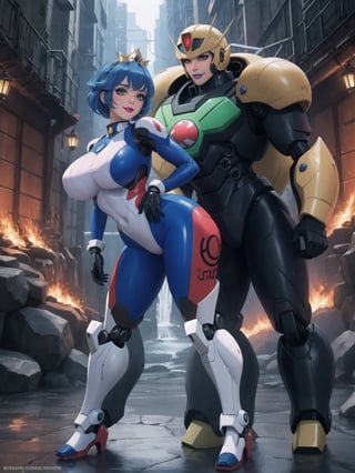 [Princess Peach], has gigantic breasts, wearing mecha suit with blue parts, totally white mecha suit, very tight mecha suit on the body, wearing a crown + cybernetic helmet, short hair, blue hair, mohawk hair, hair with bangs in front of the eyes, she is in a dungeon, with many pipes, large stone structures, machines, monsters, dirty water waterfall, Super Mario Bros, super metroid, 16K, UHD, best possible quality, ultra detailed, best possible resolution, ultra technological, futuristic, robotic, Unreal Engine 5, professional photography, she is ((sensual pose with interaction and leaning on anything + object + on something + leaning against)), perfect anatomy, ((full body)), More detail, better_hands.