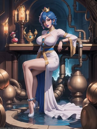 Princess Peach, has gigantic breasts, wearing long all white dress with pink sashes, tight dress on the body, looking directly at the viewer, ((wearing a crown)), short hair, blue hair, mohawk hair, hair with bangs in front of her eyes, she is in a house all made of colored pipes, with furniture made of pipes, large pipes with running water, ((Super Mario Bros)), 16K, UHD, best possible quality, ultra detailed, best possible resolution, ultra technological, futuristic, robotic, Unreal Engine 5, professional photography, she is, ((sensual pose with interaction and leaning on anything + object + on something + leaning against)), perfect anatomy, ((full body)), More detail, better_hands.