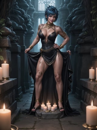 A woman, has gigantic breasts, wearing long black dress with golden bands, tight dress on the body, looking directly at the viewer, short hair, blue hair, mohawk hair, hair with bangs in front of her eyes, she is in an ancient tomb, all dirty, with large stone structures, altars, candles illuminating the place, very dark place, coffins, 16K, UHD, best possible quality, ultra detailed, best possible resolution, ultra technological, futuristic, robotic, Unreal Engine 5, professional photography, she is, ((sensual pose with interaction and leaning on anything + object + on something + leaning against)), perfect anatomy, ((full body)), better_hands. More detail