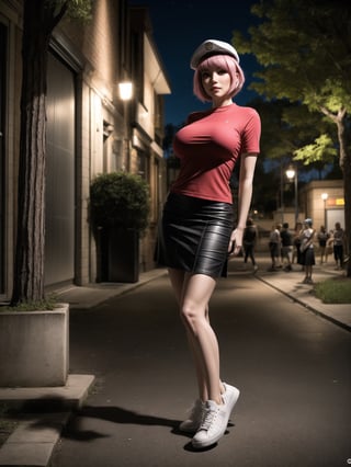 A woman, red shirt without collar and sleeves, very short black skirt, white sneakers, gigantic breasts, wearing cap, pink hair, extremely short hair, rebellious hair, hair with ponytail, hair with bangs in front of the eye, looking at the viewer, (((sensual pose+Interacting+leaning on anything+object+leaning against))), in a small square at night with many structures, banks, trees, lots of people walking, (full body:1.5), 16K, UHD, unreal engine 5, quality max, max resolution, ultra-realistic, ultra-detailed, maximum sharpness, ((perfect_hands):1), Goodhands-beta2