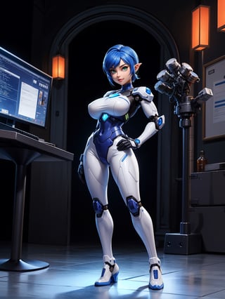 A woman, wearing white wick costume with blue lights, very tight costume on the body with robotic parts, (gigantic breasts), blue hair, very short hair, straight hair, mohawk hair, hair with bangs in front of the eyes, looking at the viewer, ((pose with interaction and leaning [on an object|on something])) in a laboratory, with machines, computers, robots, windows, luminous pipes, ((full body):1.5), 16k, UHD, best possible quality, ultra detailed, best possible resolution, Unreal Engine 5, professional photography, well-detailed fingers, well-detailed hand, perfect_hands, perfect, (megamanx, super metroid)