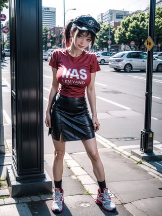 A woman, red T-shirt without collar and sleeves, very short black skirt, white sneakers, gigantic breasts, wearing cap, pink hair, extremely short hair, rebellious hair, hair with ponytail, hair with bangs in front of the eye, looking at the viewer, (((sensual pose+Interacting+leaning on anything+object+leaning against))), at a bus stop with benches,  structures, people queuing, ((full body):1.5), 16K, UHD, unreal engine 5, quality max, max resolution, ultra-realistic, ultra-detailed, maximum sharpness, ((perfect_hands):1), Goodhands-beta2