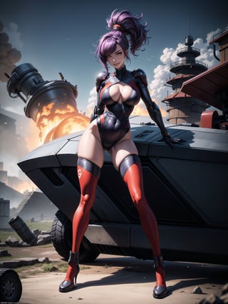 A woman, wearing white cybernetic armor with tight and tight red areas, gigantic breasts, wearing helmet with visor, purple hair, extremely short hair, rebellious hair, hair with ponytail, hair with bangs in front of the eye, looking at the viewer, (((sensual pose+Interacting+leaning on anything+object+leaning against))), on a battlefield with machines, stone structures, military vehicles, fire everywhere, ((full body):1.5), 16K, UHD, unreal engine 5, quality max, max resolution, ultra-realistic, ultra-detailed, maximum sharpness, ((perfect_hands):1), Goodhands-beta2, ((technological))