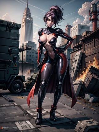 A woman, wearing white cybernetic armor with tight and tight red areas, gigantic breasts, wearing helmet with visor, purple hair, extremely short hair, rebellious hair, hair with ponytail, hair with bangs in front of the eye, looking at the viewer, (((sensual pose+Interacting+leaning on anything+object+leaning against))), on a battlefield with [machines|stone structures],  military vehicles, fire everywhere, ((full body):1.5), 16K, UHD, unreal engine 5, quality max, max resolution, ultra-realistic, ultra-detailed, maximum sharpness, ((perfect_hands):1), Goodhands-beta2, ((technological))