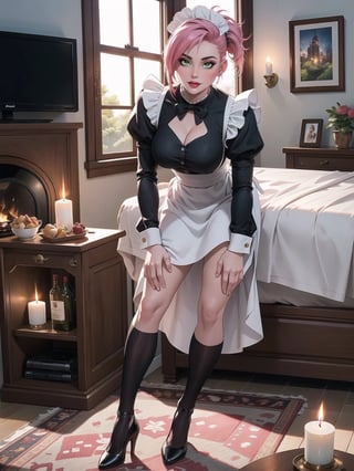 A woman, wearing costume of ((maid)) all black with white parts, white skirt with ruffle, very short hair, pink hair, (mohawk hair), hair with bangs in front of the eyes, (looking at the viewer), (((sensual pose with interaction and leaning on anything+object+on something + leaning against))) in an apartment, with furniture, 1 + floor + chair, Plasma TV, refrigerator, table, bed, open window, candles illuminating the place, 16K, UHD, (full body:1.5), unreal engine 5, ultra technological, quality max, max resolution, More detail, ultra-realistic, ultra-detailed, maximum sharpness, perfect_hands, better_hands,