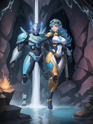 Princess Zelda is wearing a white mecha armor with blue parts and lights attached. The mecha costume is tight on her body, her breasts are gigantic. She is wearing a cyber helmet with a transparent visor. Her hair is blue, curly, short and has bangs in front of her eyes. She is looking directly at the viewer. She is in an alien dungeon inside a cave with a waterfall of glowing lava, many large rock structures, large machines with electricity and blinding light, large pipes with running water and monsters swimming in the waterfall, ((She is striking a sensual pose, leaning on anything or object, resting and leaning against herself over it)), ((full body)), mecha, super_metroid, mecha, UHD, best possible quality, ultra detailed, best possible resolution, Unreal Engine 5, professional photography, perfect hand, fingers, hand, perfect, More detail,