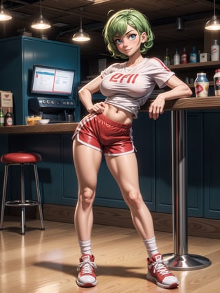 A woman, wearing ((white T-shirt with red stripes with logo:"ROD", short red shorts with stripes, long white sock and sneakers, gigantic breasts)), short hair, green hair, curly hair, messy hair, hair with bangs in front of her eyes, (((looking at the viewer, sensual pose with interaction and leaning on anything+object+on something+leaning against+leaning against))) in a diner full of people, with counter, tables and chairs, soda machines, ((full body):1.5); 16K, UHD, unreal engine 5, quality max, max resolution, ultra-realistic, ultra-detailed, maximum sharpness, ((perfect_hands):1), Goodhands-beta2,