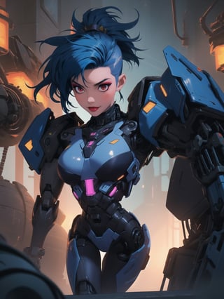 A full-body portrait of a blue-haired, mohawk-styled woman, with voluptuous curves and a futuristic mech suit, leaning seductively against a structure in a dimly lit, mechanized dungeon